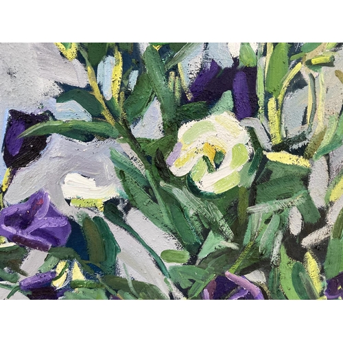 1235 - A late 20th century Tony Birks-Hay oil on canvas titled 'Purple and White Lisinthus' - approx. 61cm ... 