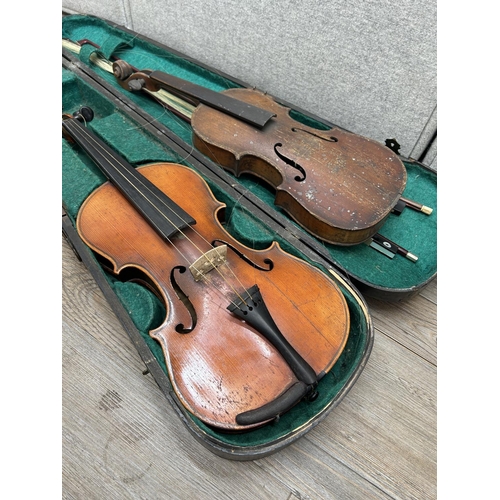 1513 - Two vintage unlabelled violins, one cased full size with two bows and one child's