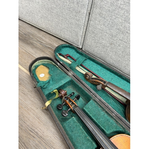 1513 - Two vintage unlabelled violins, one cased full size with two bows and one child's