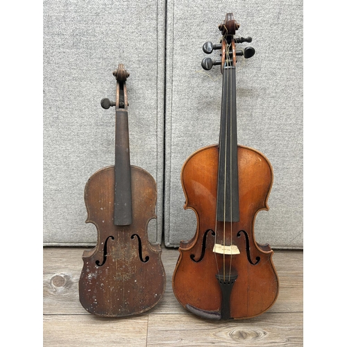 1513 - Two vintage unlabelled violins, one cased full size with two bows and one child's