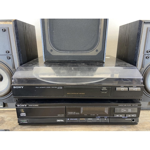 1495 - Four items of hi-fi, one Sony PS-LX45P two-speed fully automatic turntable, one Sony CDP-M20 CD play... 