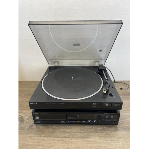 1495 - Four items of hi-fi, one Sony PS-LX45P two-speed fully automatic turntable, one Sony CDP-M20 CD play... 