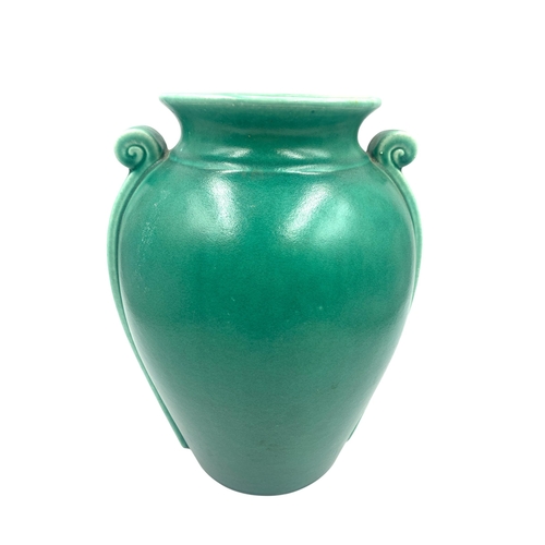 1251 - A 1930s Devonmoor England No. 13 green glazed ceramic twin handled vase - approx. 26cm high