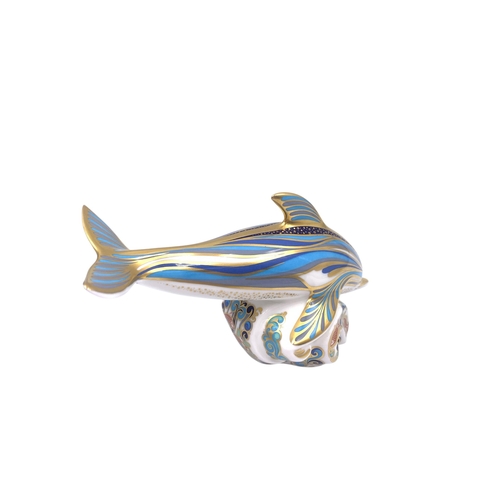 1258 - A Royal Crown Derby Striped Dolphin paperweight with gold stopper - approx. 9cm high