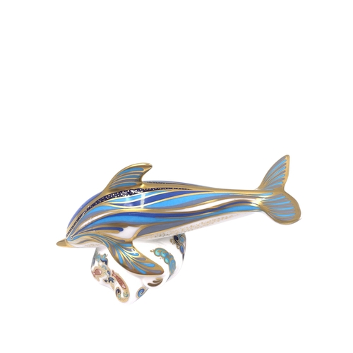 1258 - A Royal Crown Derby Striped Dolphin paperweight with gold stopper - approx. 9cm high