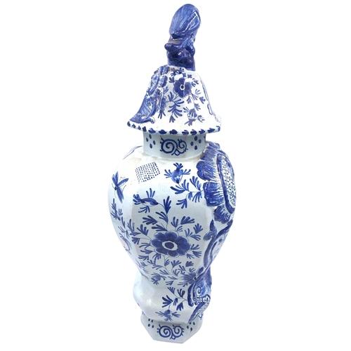 1261 - An antique Delftware blue and white ceramic jar and cover with bird finial - approx. 46cm high