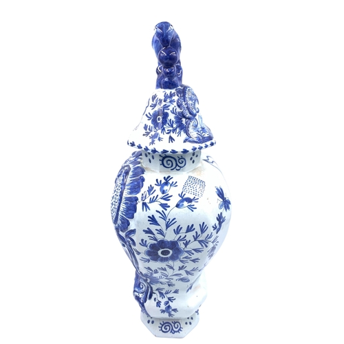 1261 - An antique Delftware blue and white ceramic jar and cover with bird finial - approx. 46cm high