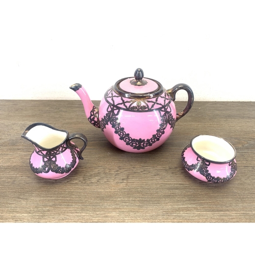 1265 - An early 20th century The Paragon China pink glazed ceramic fifteen piece coffee set with white meta... 