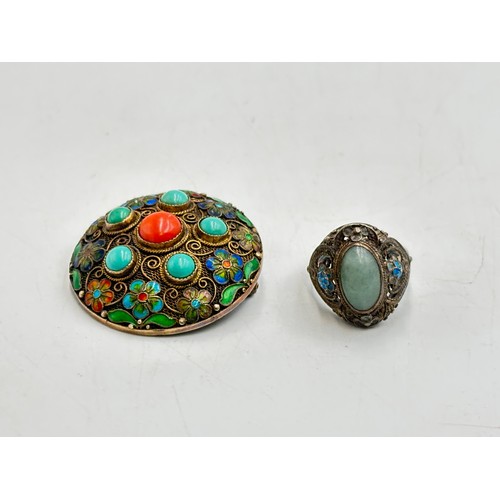 Two pieces of Chinese export silver filagree, enamel and gemstone set ...
