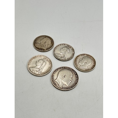 2290 - Five 92.5% silver British coins, 1902 crown, 1890 double florin and 1889, 1894 and 1914 half crowns ... 