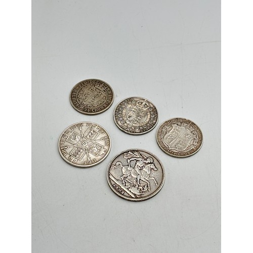 2290 - Five 92.5% silver British coins, 1902 crown, 1890 double florin and 1889, 1894 and 1914 half crowns ... 