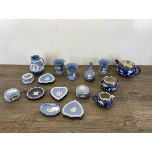 401 - Sixteen pieces of Wedgwood blue Jasperware to include 19th century silver plated three piece tea set... 