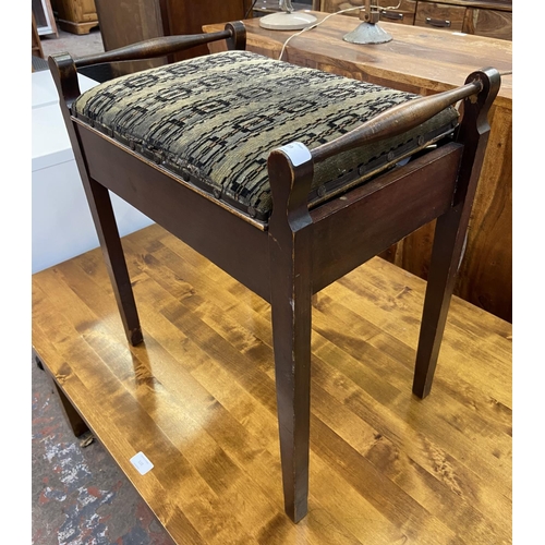 109 - An Edwardian mahogany and fabric upholstered piano stool - approx. 57cm high x 50cm wide x 34cm deep