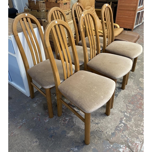 116 - Six beech and fabric upholstered dining chairs