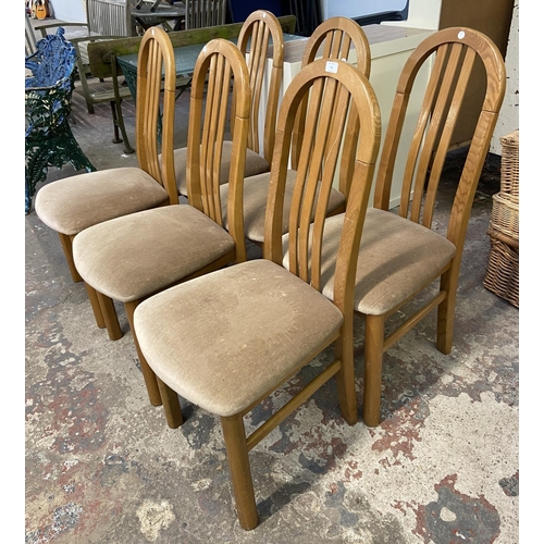 116 - Six beech and fabric upholstered dining chairs