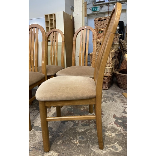 116 - Six beech and fabric upholstered dining chairs