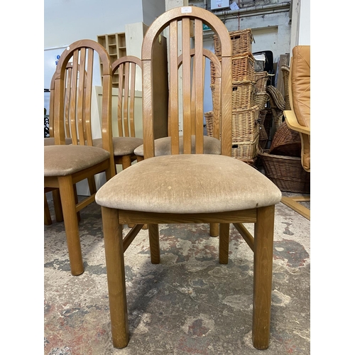 116 - Six beech and fabric upholstered dining chairs