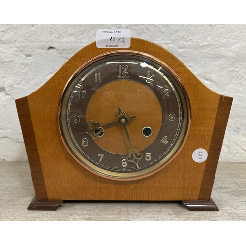 21 - Two clocks, one Bentima walnut cased eight day battery powered mantel clock - approx. 21cm high and ... 