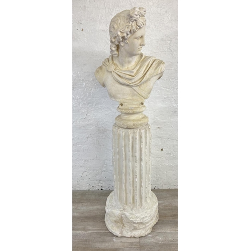 A cast plaster bust of Apollo Belvedere on stand - approx. 180cm high