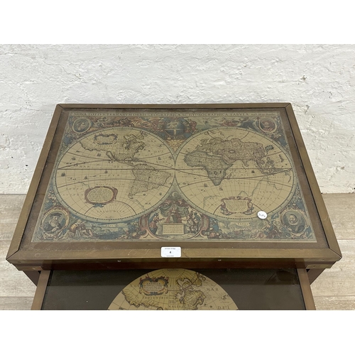 4 - A mid 20th century mahogany and brass nest of three tables with map of the world design - approx. 46... 