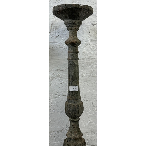 41 - A pair of 19th century style aged terracotta tripod pedestal torchères - approx. 98cm high