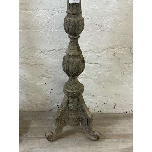 41 - A pair of 19th century style aged terracotta tripod pedestal torchères - approx. 98cm high