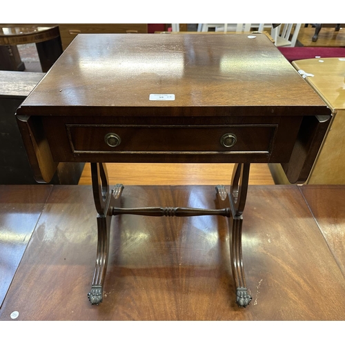 59 - Two Regency style mahogany drop leaf sofa tables - largest approx. 73cm high x 144cm wide x 54cm dee... 