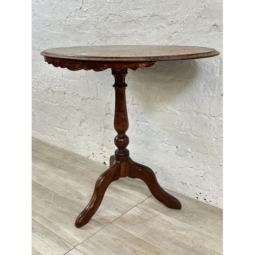 62 - A Victorian burr walnut pie crust edge oval tripod side table - approx. 71cm high x 85cm wide x 49cm... 