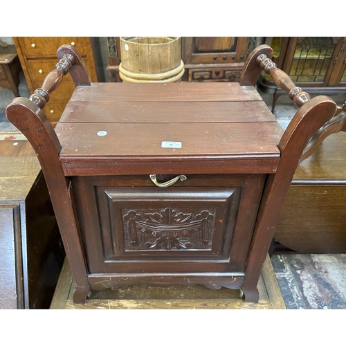 72 - Three pieces of furniture, one Edwardian mahogany piano stool, one oak drop leaf tea trolley and one... 