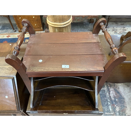 72 - Three pieces of furniture, one Edwardian mahogany piano stool, one oak drop leaf tea trolley and one... 