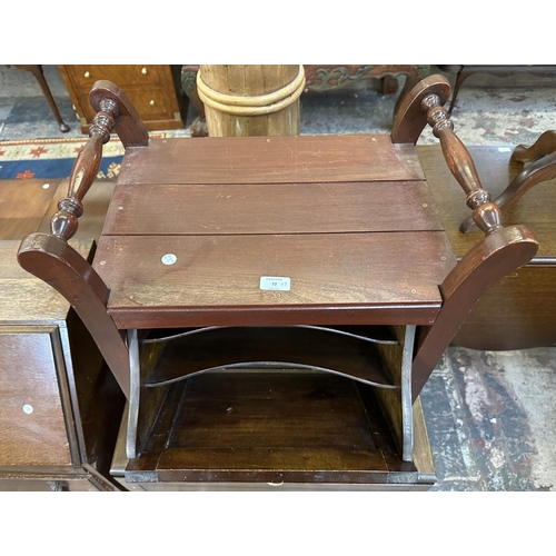 72 - Three pieces of furniture, one Edwardian mahogany piano stool, one oak drop leaf tea trolley and one... 