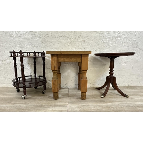 79 - Three pieces of occasional furniture, one pine square side table, one Regency style mahogany serpent... 