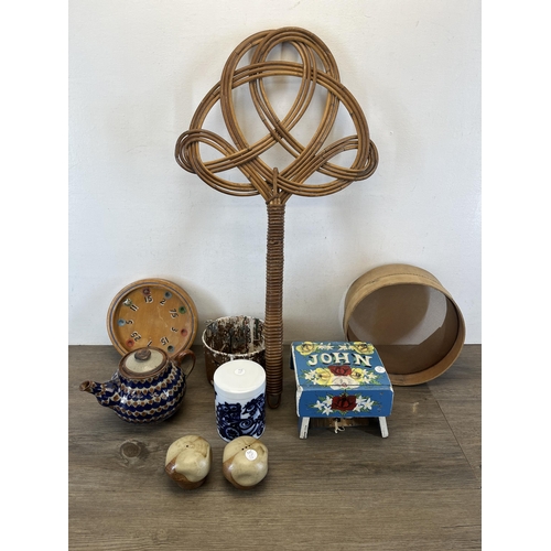 670 - Various collectables to include mid 20th century wicker carpet beater, Rosenthal ceramic blue and wh... 