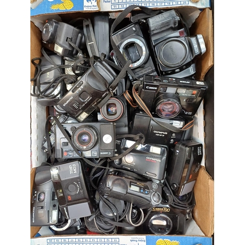 722 - Two boxes containing a large collection of cameras for spares or repair to include Pentax, Minolta, ... 