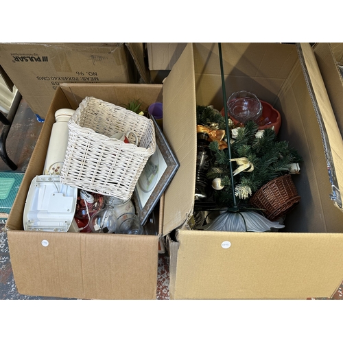 989 - Four boxes containing garden gazebo, ceramics, costume jewellery etc.