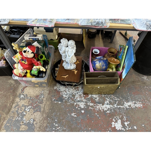 991 - Two boxes containing Mickey Mouse toy, jigsaw puzzles, Wilton Ware vase, paintings on canvas etc.