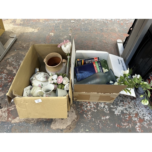 996 - Two boxes containing Royal Hampton Ware ceramics, green depression glass etc.