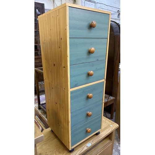 106 - A modern pine effect and green painted chest of drawers - approx. 107cm high x 39.5cm wide x 39.5cm ... 