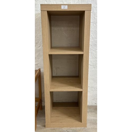 115 - Four pieces of furniture, one modern oak effect three tier shelving unit, one pine side table, one b... 