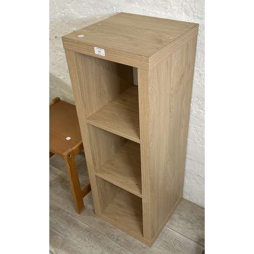 115 - Four pieces of furniture, one modern oak effect three tier shelving unit, one pine side table, one b... 