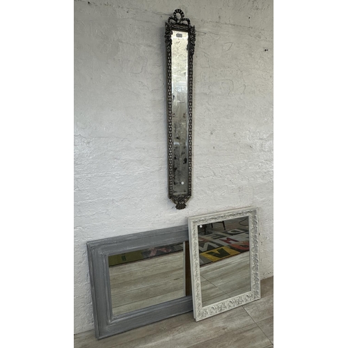 12 - Three modern framed wall mirrors - largest approx. 76cm high x 95cm wide