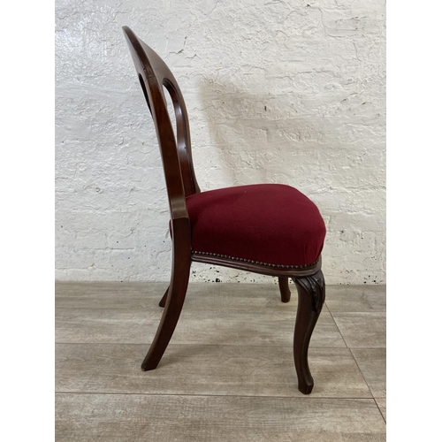 120 - A pair of Victorian mahogany and red fabric upholstered dining chairs