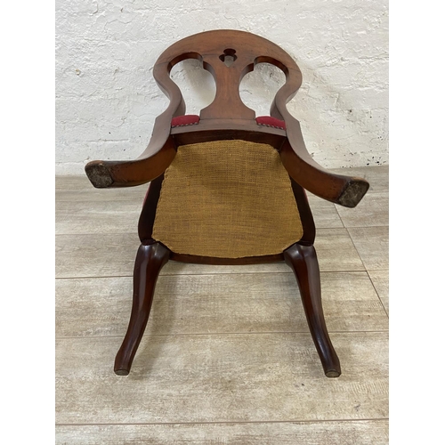 120 - A pair of Victorian mahogany and red fabric upholstered dining chairs