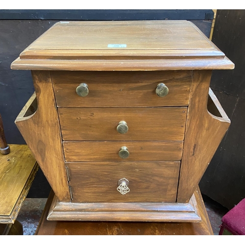 140 - Three pieces of furniture, two early 20th century oak circular top stools - approx. 49cm high x 35cm... 