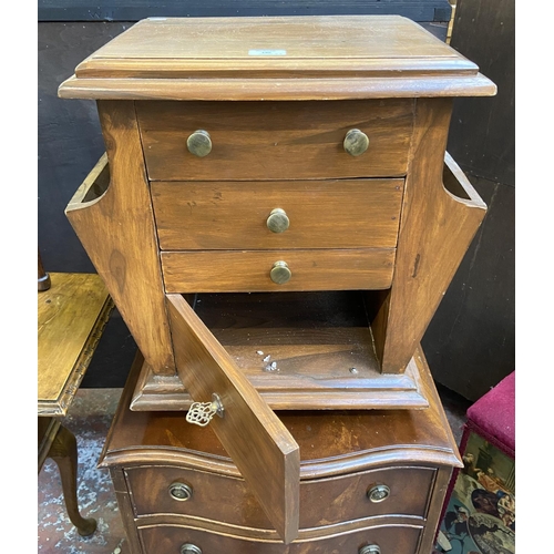 140 - Three pieces of furniture, two early 20th century oak circular top stools - approx. 49cm high x 35cm... 