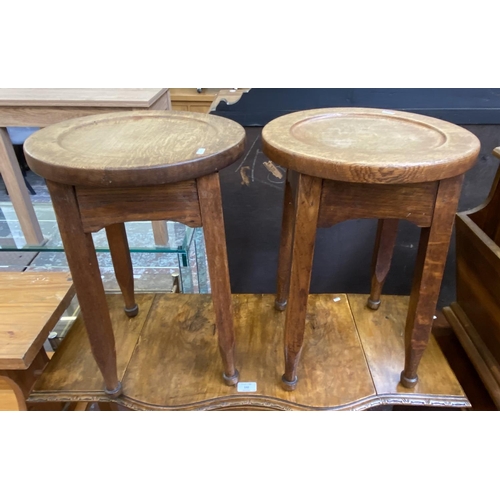 140 - Three pieces of furniture, two early 20th century oak circular top stools - approx. 49cm high x 35cm... 