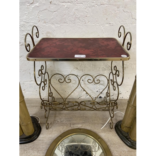 144 - Four items, one mid 20th century wrought metal heart motif and red floral laminate magazine rack sid... 