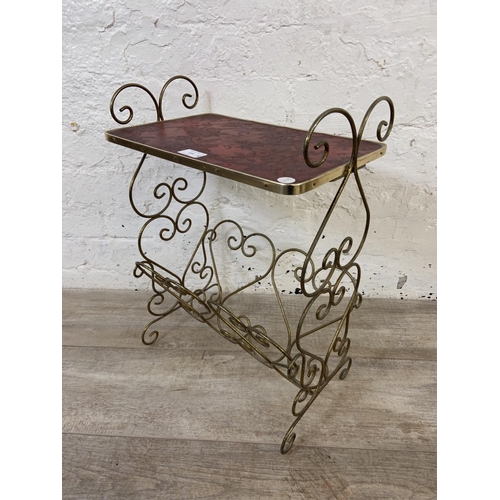 144 - Four items, one mid 20th century wrought metal heart motif and red floral laminate magazine rack sid... 