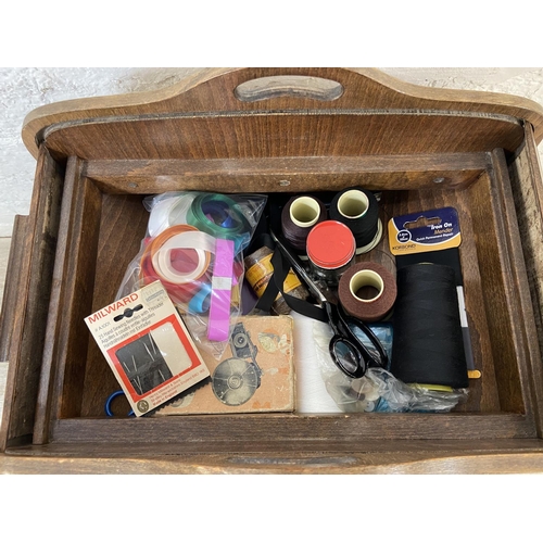 150 - A mid 20th century beech tambour roll top sewing box - approx. 54cm high x 27cm wide x 46cm deep