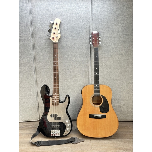 760 - Two guitars, one Elevation Dreadnought steel strung acoustic and one Tenson electric bass